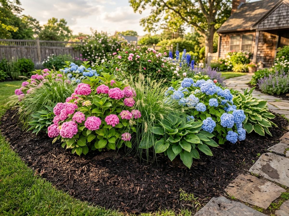 Vivid pink and blue hydrangeas blooming in a freshly mulched garden bed