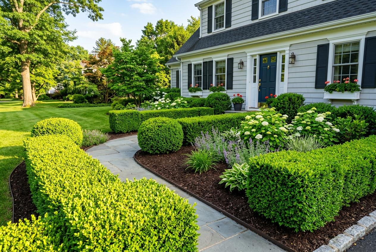 Sharp trimmed boxwood hedges in front of a colonial home
