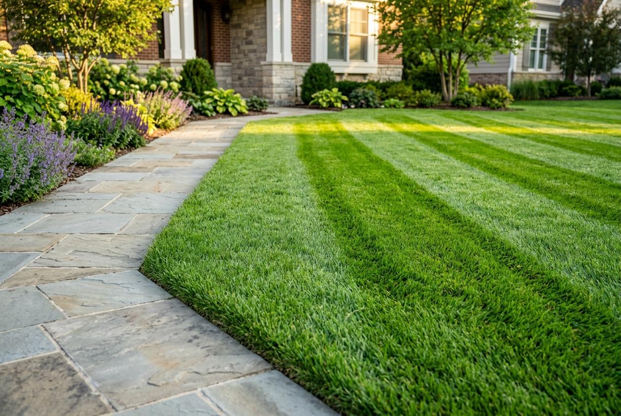 Freshly mowed striped green lawn with sharp clean edges