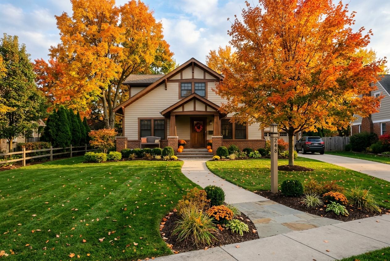 Tidy suburban lawn after fall leaf cleanup with golden maple trees