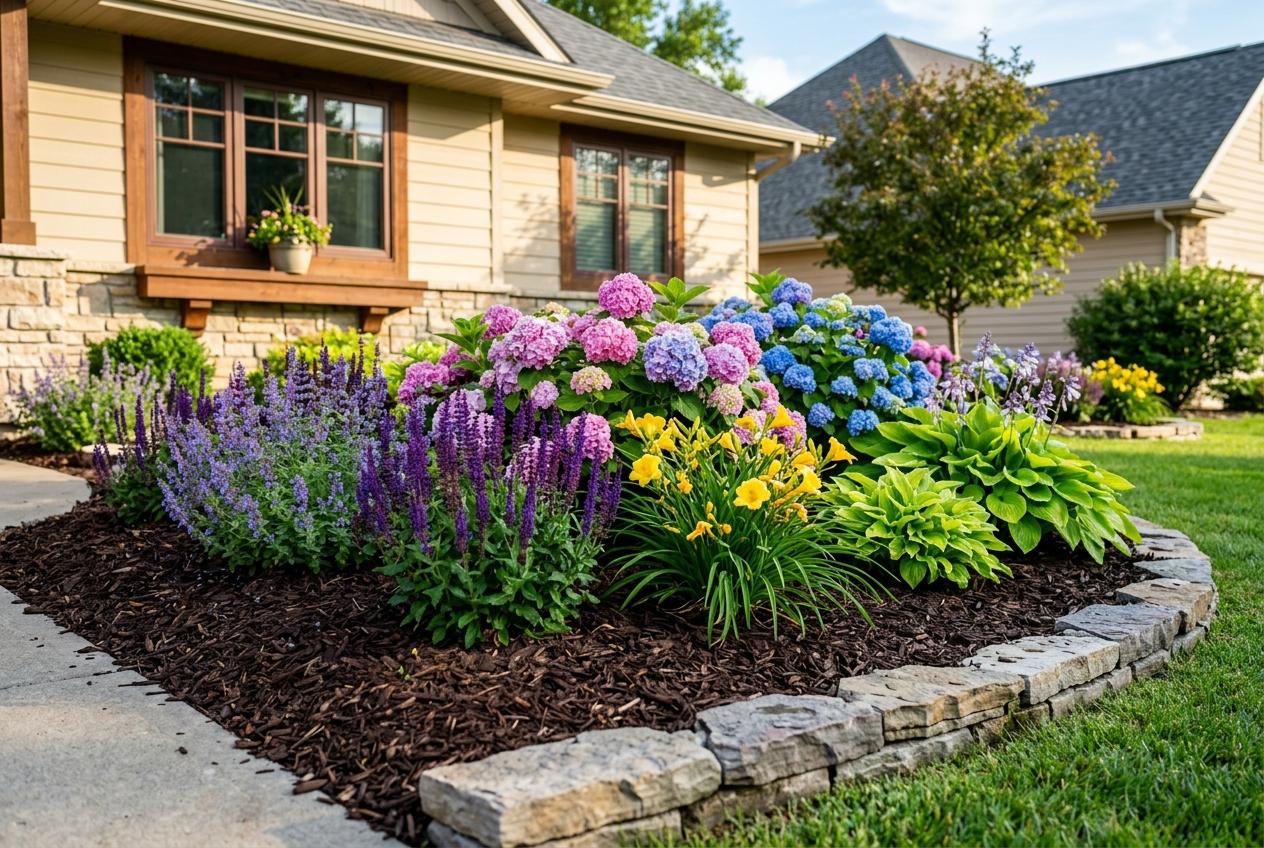 Freshly mulched flower bed with blooming hydrangeas and ornamental grasses